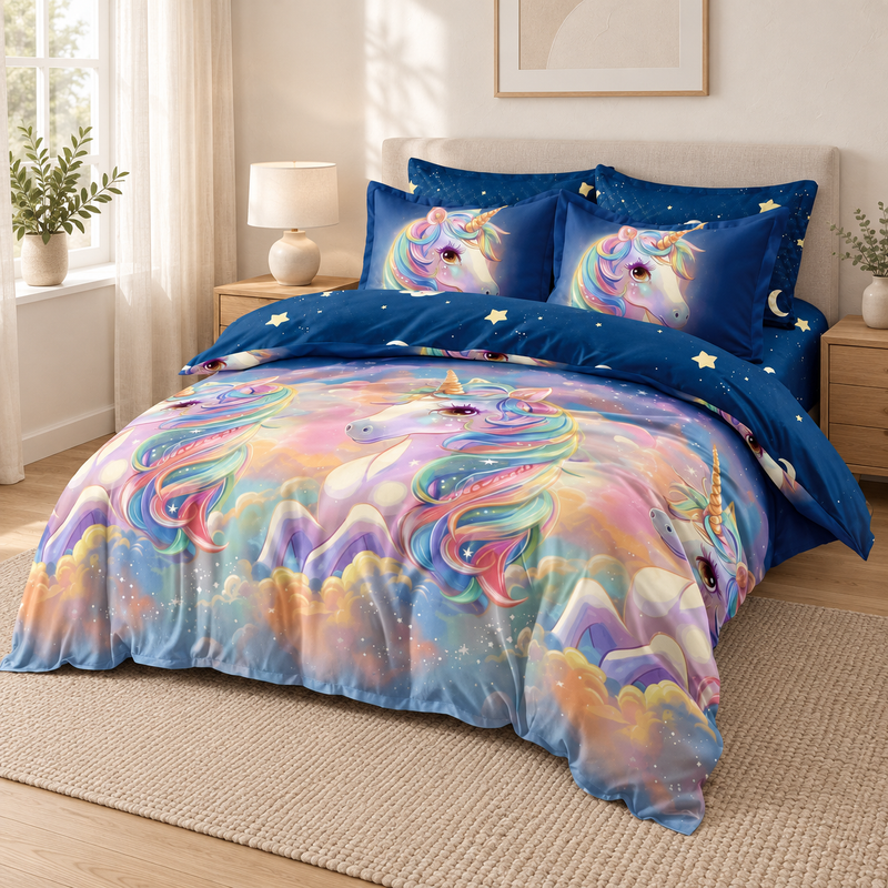 Lenjerie de pat cu elastic 140x200, 4 piese, unicorn, bleumarin