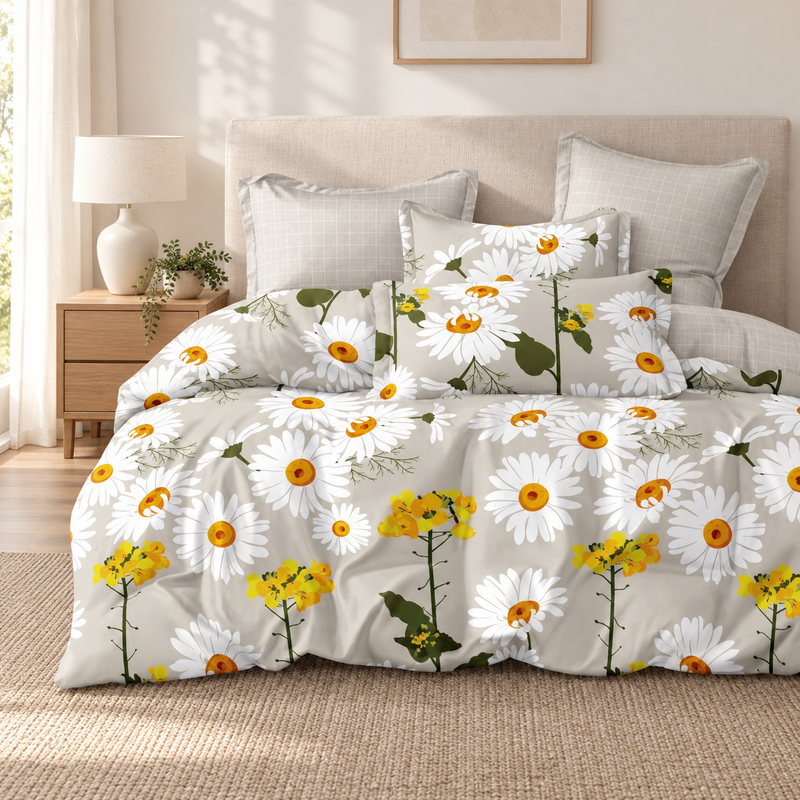 Lenjerie de pat cu elastic 140x200, 4 piese, margarete, alb și galben