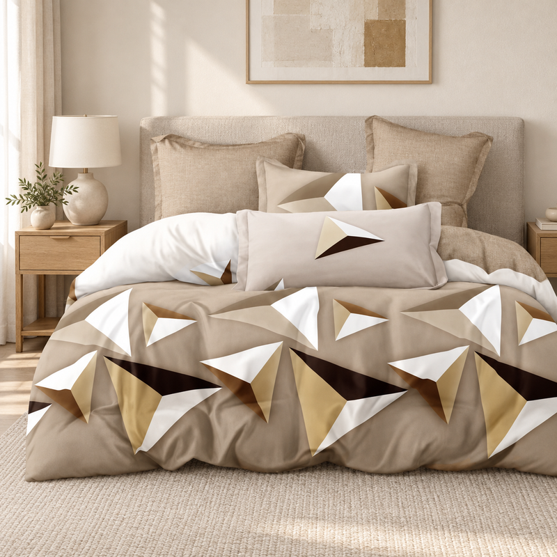 Lenjerie de pat cu elastic 140x200, 4 piese, model geometric 3D, bej