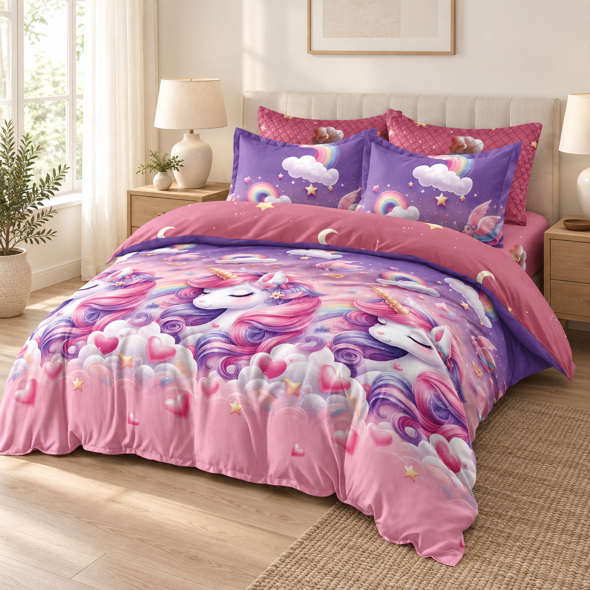 Lenjerie de pat cu elastic 140x200, 4 piese, unicorn, roz și mov
