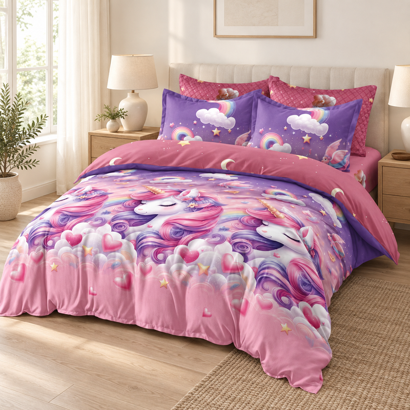 Lenjerie de pat cu elastic 140x200, 4 piese, unicorn, roz și mov