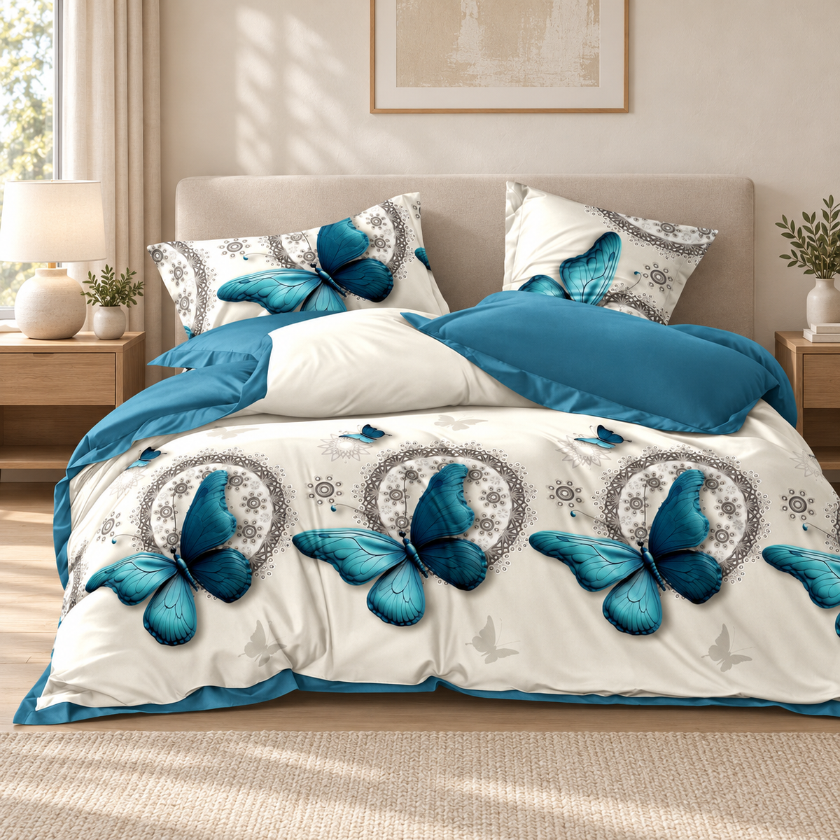 Lenjerie de pat cu elastic 140x200, 4 piese, fluturi turcoaz, crem și turcoaz