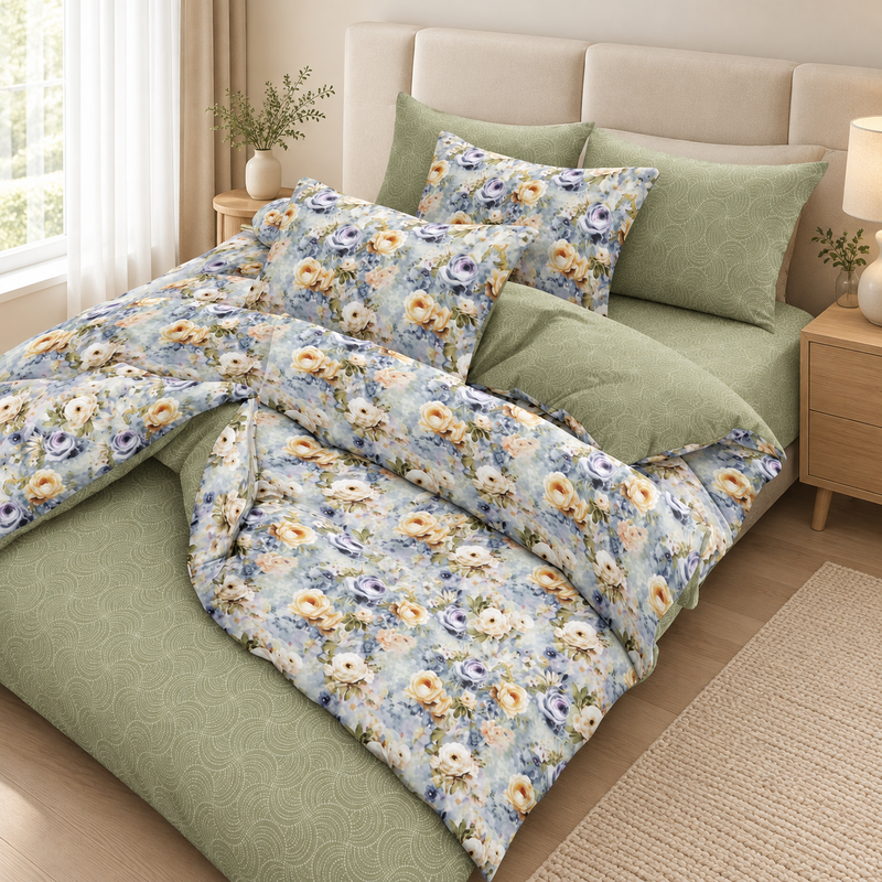 Lenjerie de pat finet, 6 piese, flori, bleu și verde salvie