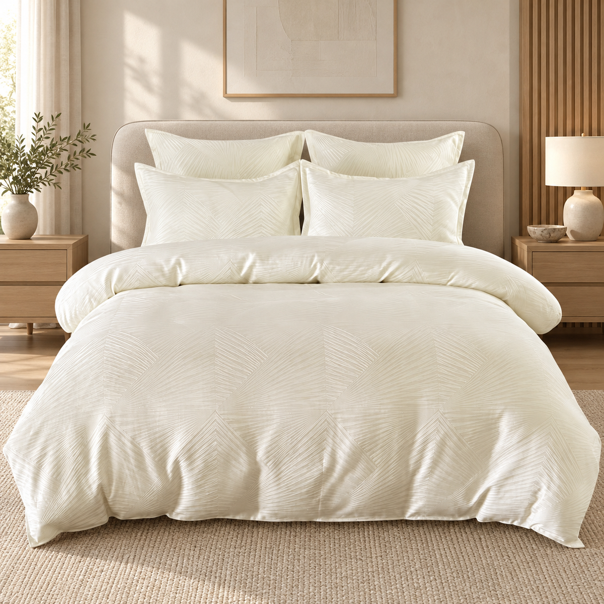 Lenjerie de pat din bumbac, 6 piese, model jacquard discret, crem