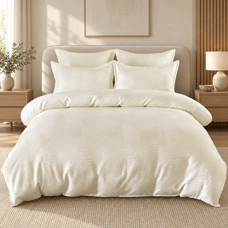 Lenjerie de pat din bumbac, 6 piese, model jacquard discret, crem