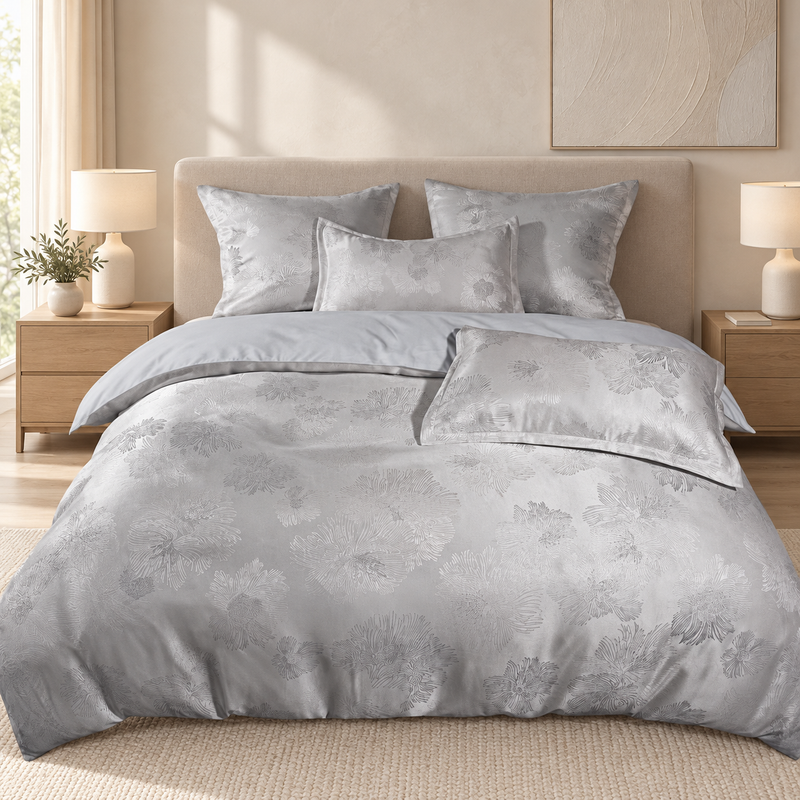 Lenjerie de pat din bumbac, 6 piese, model floral, gri argintiu