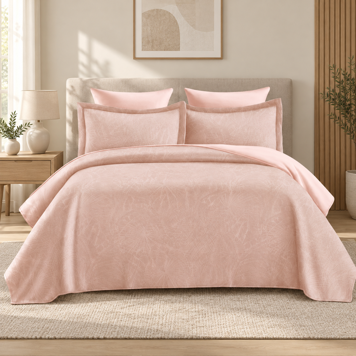 Lenjerie de pat din bumbac, 6 piese, model jacquard discret, roz piersică