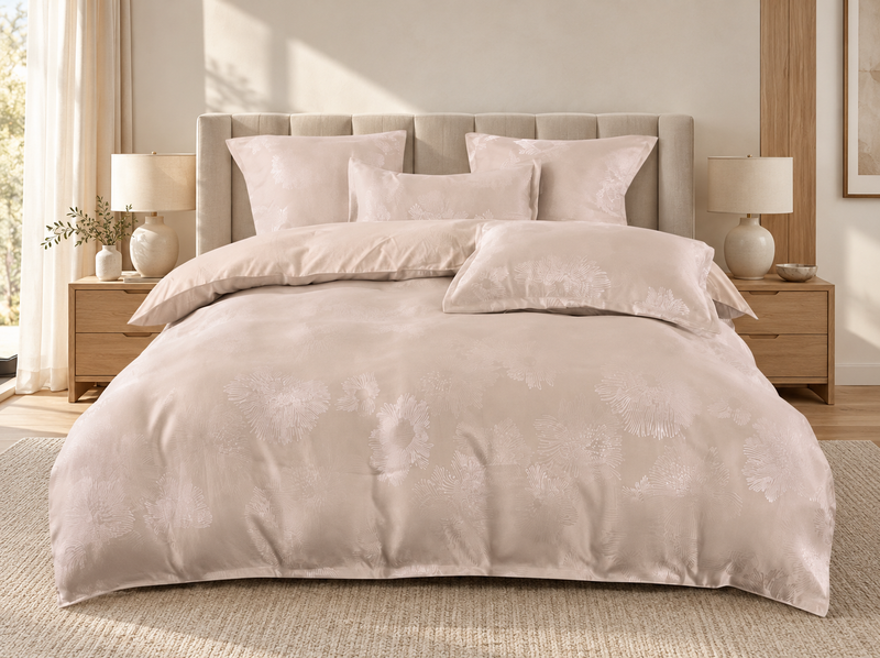 Lenjerie de pat din bumbac, 6 piese, model jacquard discret, bej rosé
