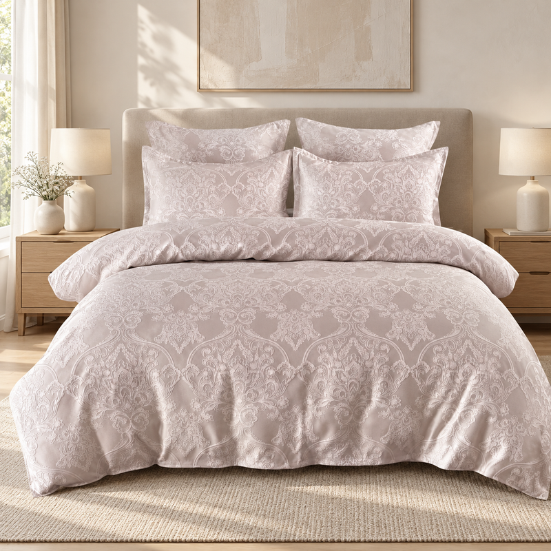 Lenjerie de pat din bumbac, 6 piese, model damasc, roz pudrat