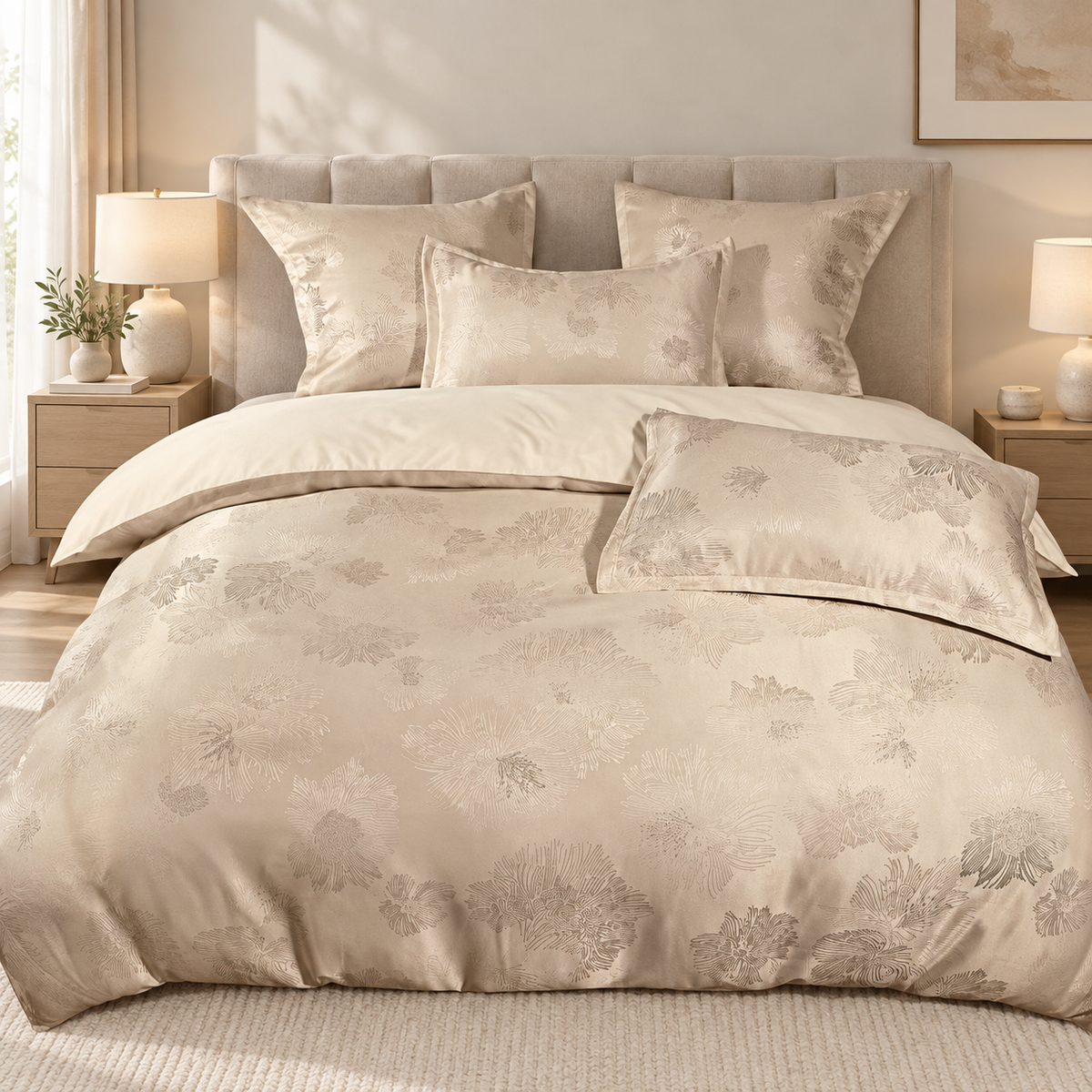 Lenjerie de pat din bumbac, 6 piese, model floral, șampanie