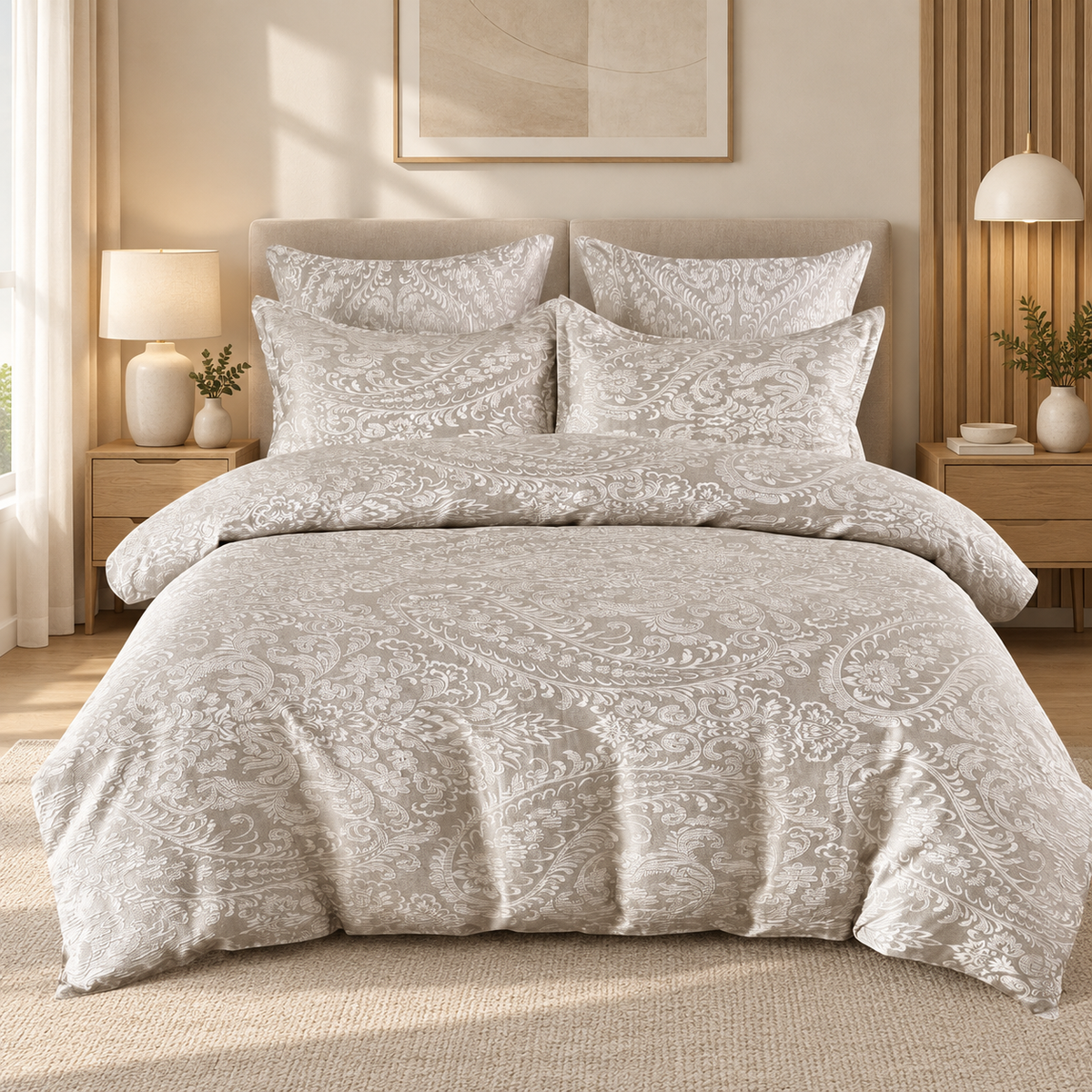 Lenjerie de pat din bumbac, 6 piese, model paisley, bej