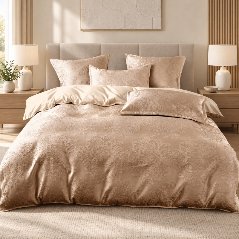 Lenjerie de pat din bumbac, 6 piese, model jacquard discret, auriu