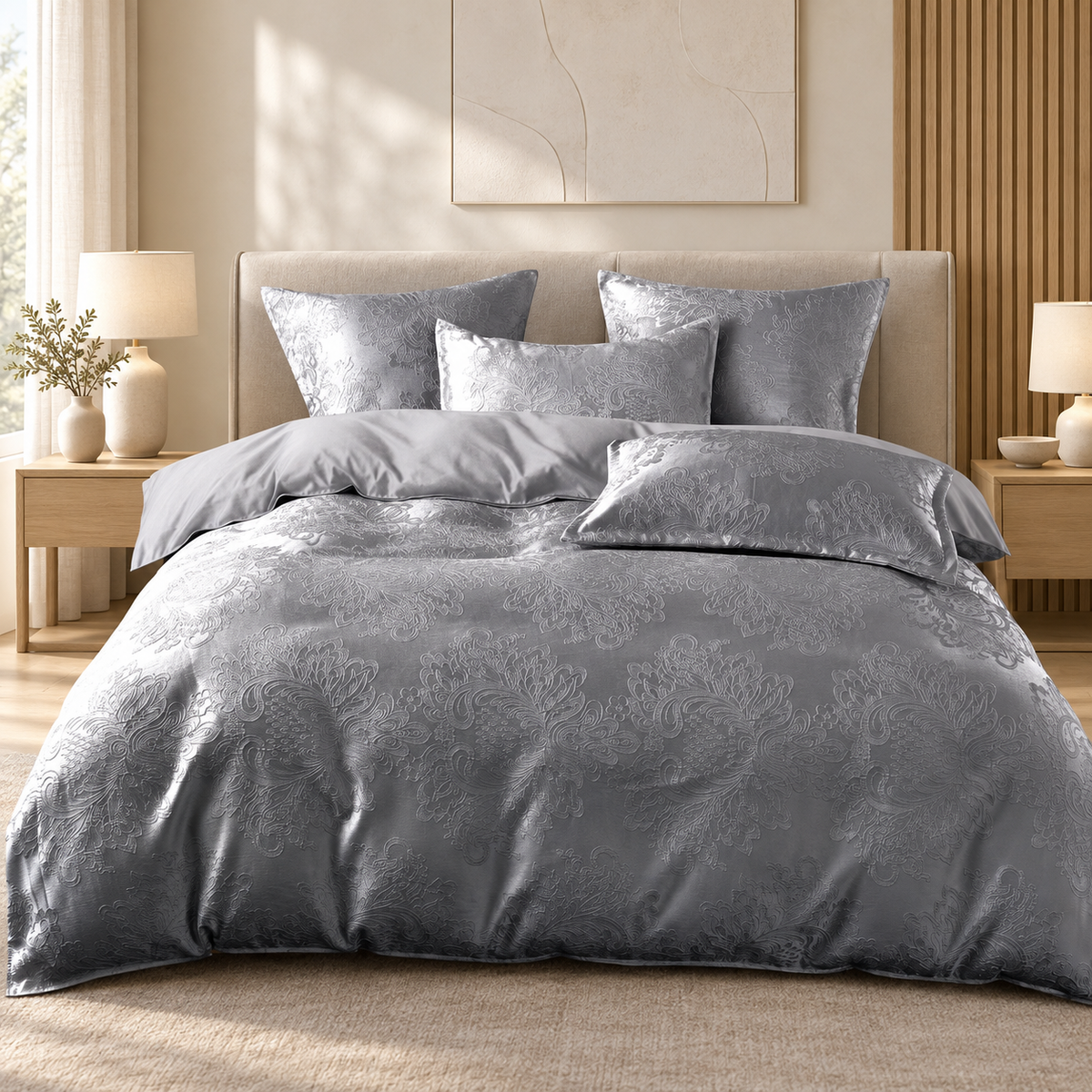 Lenjerie de pat din bumbac, 6 piese, model jacquard discret, gri grafit
