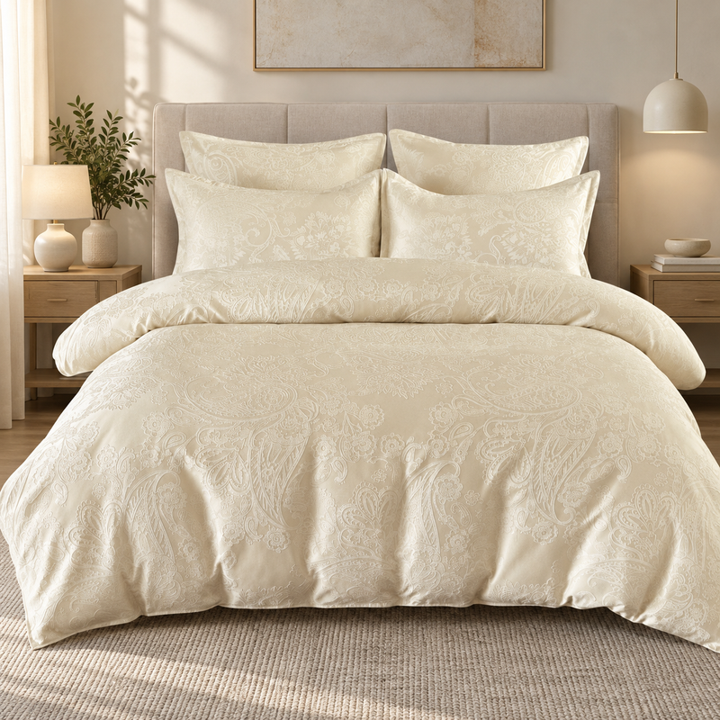 Lenjerie de pat din bumbac, 6 piese, model jacquard discret, ivoire