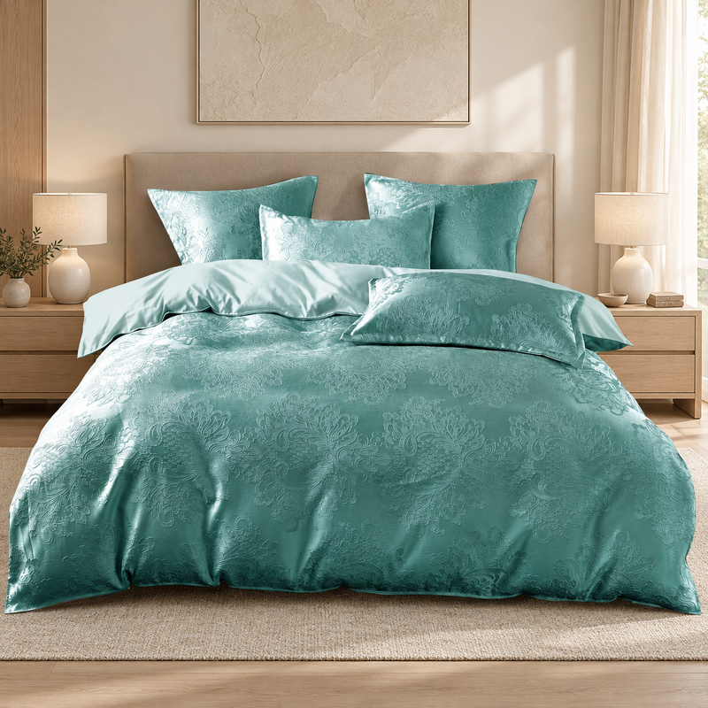 Lenjerie de pat din bumbac, 6 piese, model jacquard discret, verde aqua