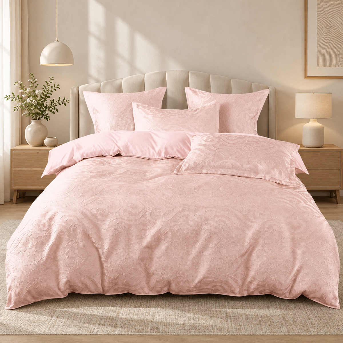 Lenjerie de pat din bumbac, 6 piese, model jacquard discret, roz deschis