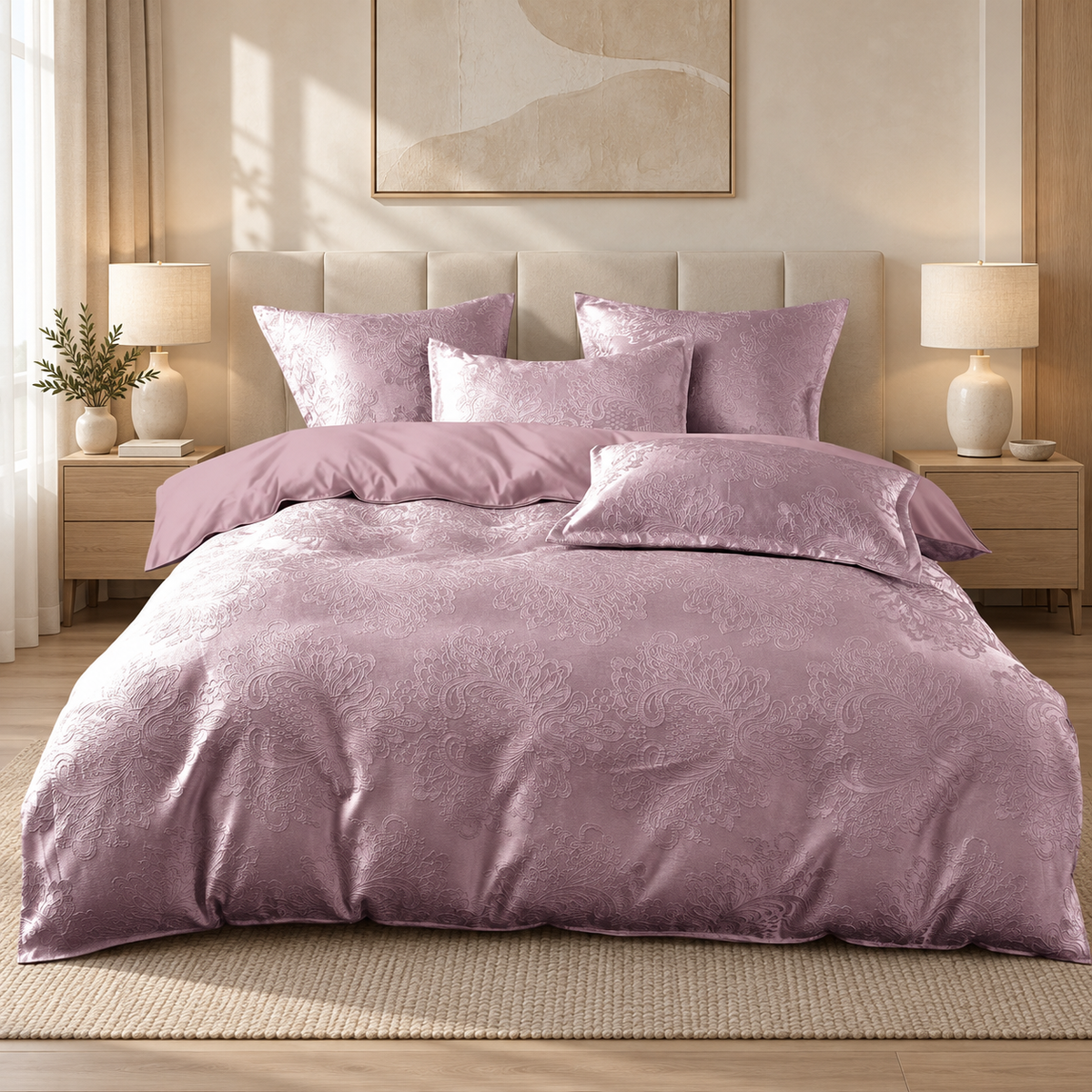 Lenjerie de pat din bumbac, 6 piese, model jacquard discret, mov orhidee