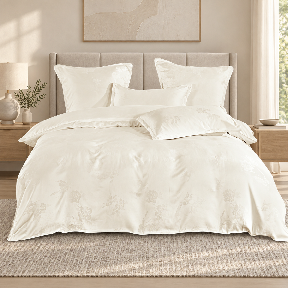 Lenjerie de pat finet satinat, 6 piese, model floral țesut, crem