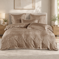 Lenjerie de pat finet satinat, 6 piese, model floral țesut, taupe