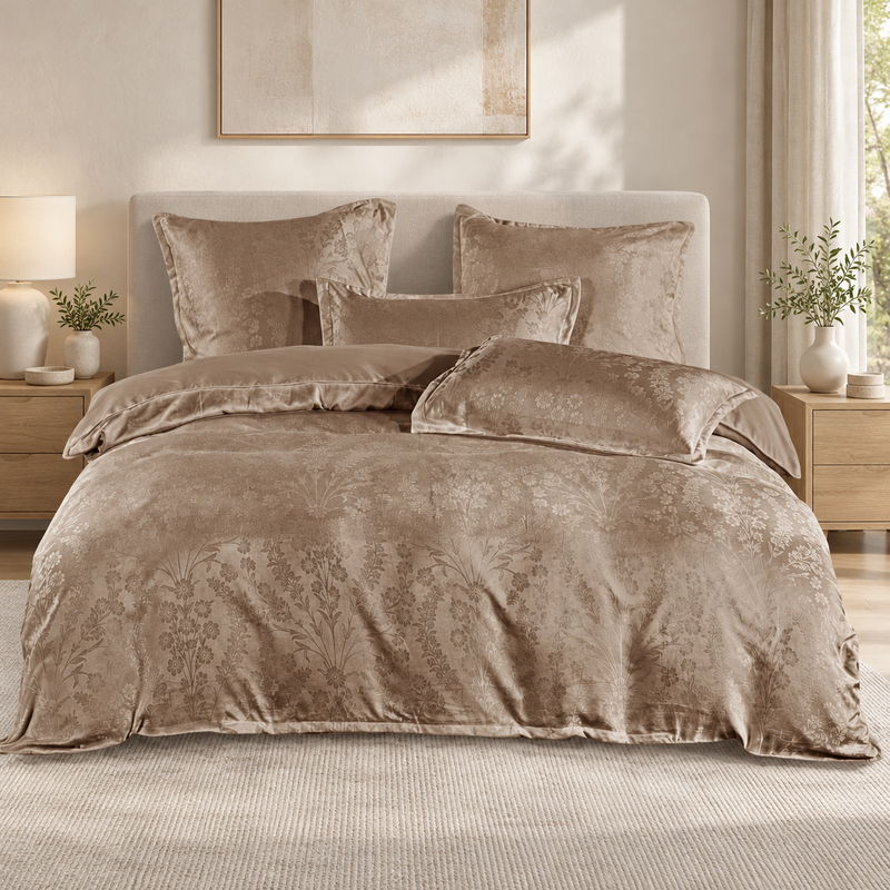 Lenjerie de pat finet satinat, 6 piese, model floral țesut, taupe