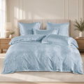 Lenjerie de pat finet satinat, 6 piese, model floral țesut, bleu aqua