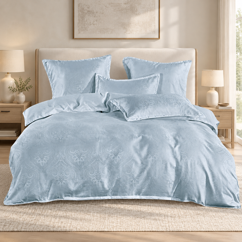 Lenjerie de pat finet satinat, 6 piese, model floral țesut, bleu pal